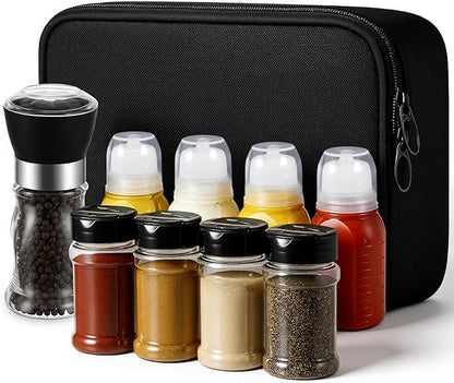 10 Pcs Camping Portable Spice Set Kit with 4 Spice Containers, 4 Sauce Bottles, 1 Pepper Grinder, and 1 Storage Bag for Outdoor Travel, Camping, BBQ, and Picnics