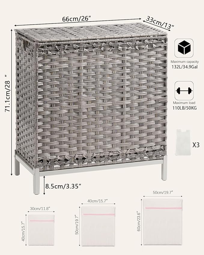 SETVSON Laundry Hamper with Lid 132 L, (35 Gallons) Clothes Hamper with Lid, Handwoven Rattan Laundry Hamper with Metal Heightened Feet, Laundry Hampers with 3 Removable Liner Bags for Laundry-Gray
