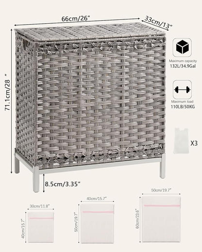 SETVSON Laundry Hamper with Lid 132 L, (35 Gallons) Clothes Hamper with Lid, Handwoven Rattan Laundry Hamper with Metal Heightened Feet, Laundry Hampers with 3 Removable Liner Bags for Laundry-Gray