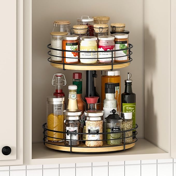 Lazy Susan Spice Rack Organizer Turntable Height Adjustable, 12 Inch Wood Lazy Susan 2 Tier, Rotating Spice Rack Organizer for Cabinet Dining Table Top Kitchen Bathroom Countertop Black