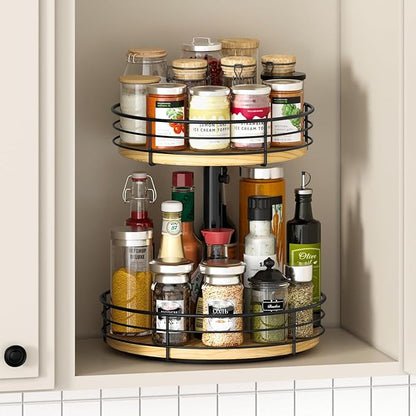 Lazy Susan Spice Rack Organizer Turntable Height Adjustable, 12 Inch Wood Lazy Susan 2 Tier, Rotating Spice Rack Organizer for Cabinet Dining Table Top Kitchen Bathroom Countertop Black
