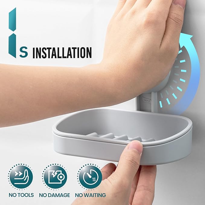 TAILI Soap Holder Soap Dish for Shower, Suction Cup Soap Holder for Shower Wall, Bathroom Accessories, Removable Strong Hold Soap Saver, Drill Free, Grey