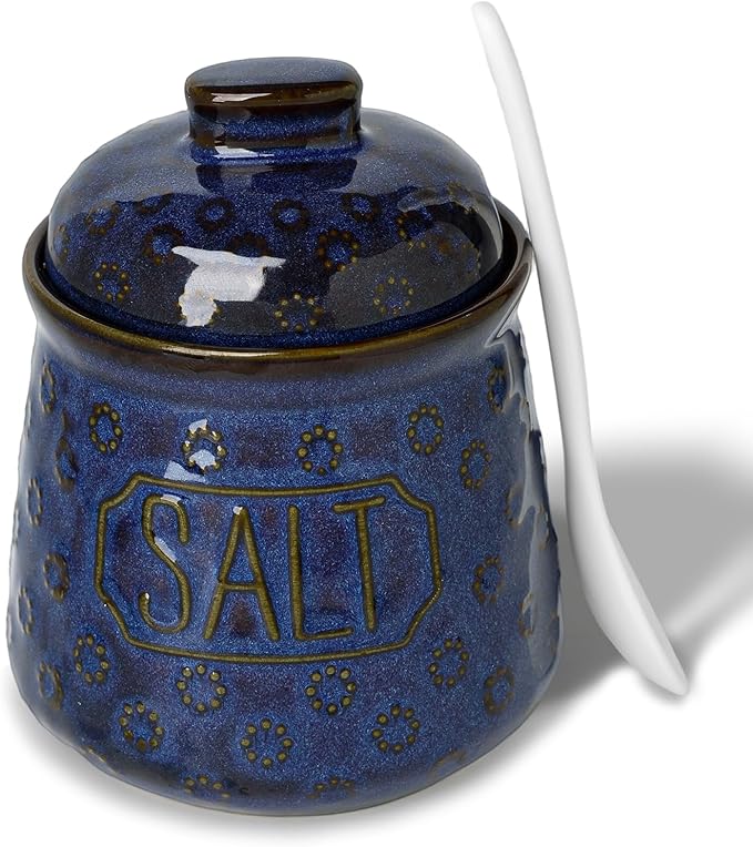 Salt & Pepper Bowl with Lid and Spoon, 10 OZ Ceramic Spices Cellar for Kitchen Counter top, Farmhouse Kitchen Decor (Vntage Blue, 4.3" Label Salt)