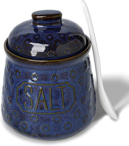 Salt & Pepper Bowl with Lid and Spoon, 10 OZ Ceramic Spices Cellar for Kitchen Counter top, Farmhouse Kitchen Decor (Vntage Blue, 4.3" Label Salt)
