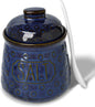 Salt & Pepper Bowl with Lid and Spoon, 10 OZ Ceramic Spices Cellar for Kitchen Counter top, Farmhouse Kitchen Decor (Vntage Blue, 4.3" Label Salt)
