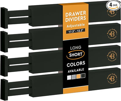 4-Pack Bamboo Drawer Dividers - 12.2 to 17.3 Inches Deep, 2.6 Inches High, Adjustable Expandable Drawer Organizer Dresser Separator for Clothes, Utensils, Kitchen, Bathroom, Office Storage, Black