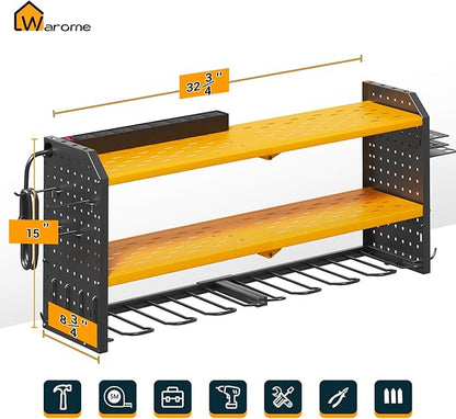 Warome Tool Organizer with Charging Station, Power Tool Rack Wall Mount with 8-Outlet Power Strip, Tool Storage for Garage with 8 Cordless Drill Holders, Battery Utility Shelf in Yellow