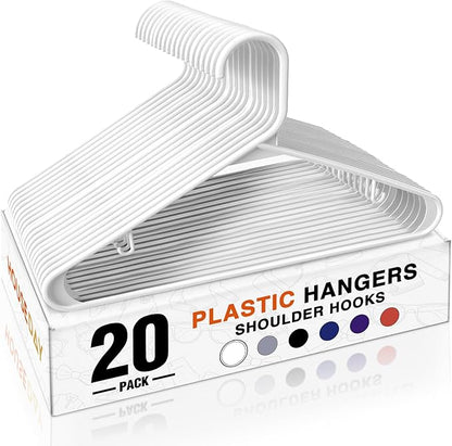 HOUSE DAY Plastic Hangers 20 Pack, Space Saving Clothes Hangers with Built-in Hooks, Durable & Strong Closet Organizers and Storage, Dorm Room Essential, Perfect for Shirts, Coat, Pants, Dress - White