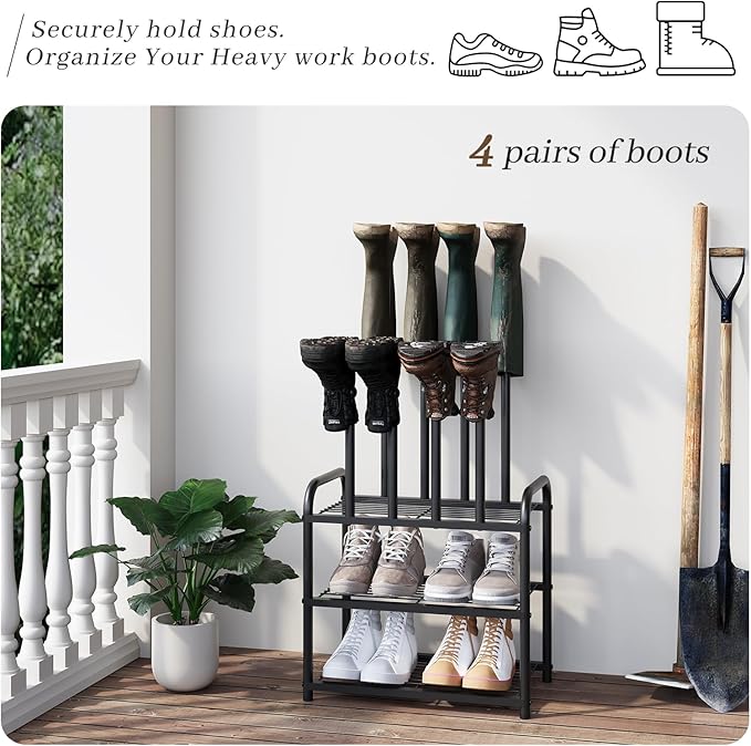 Kitsanery Shoe Rack - 3-Tier Metal Boot Rack Organizer for Entryway, Closet & Garage, Free Standing Shoe Shelf for Storage Tall Boots, Sneakers, Cowboy Boots, Black (Small - 4 Pairs)