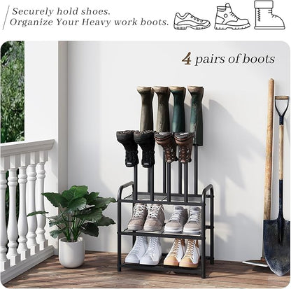 Kitsanery Shoe Rack - 3-Tier Metal Boot Rack Organizer for Entryway, Closet & Garage, Free Standing Shoe Shelf for Storage Tall Boots, Sneakers, Cowboy Boots, Black (Small - 4 Pairs)