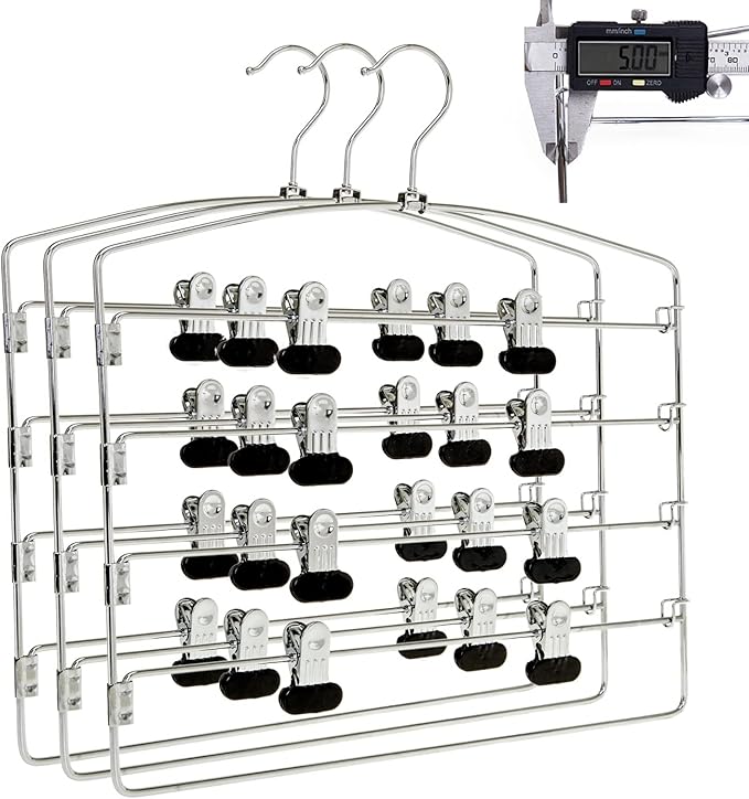 3 Quality Multi Pants Hangers, Space-Saving Multi-Bar Metal Pants Hangers, Stable with Non-Slip Foam Padding, Swivel Hook for 5 Jeans Each, Suit Pants, Scarves, Towels, Trousers (Skirt, 3)
