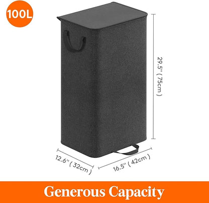 Lifewit Single Laundry Hamper with Lid and Removable Laundry Bags, Large Collapsible 1 Dividers Dirty Clothes Basket with Handles for Bedroom Laundry Room Closet Bathroom College, 100L Black