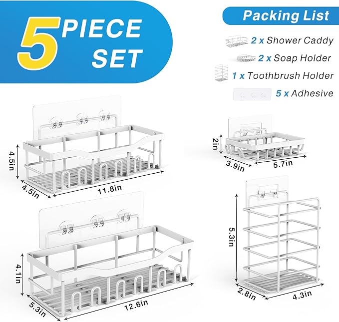 Shower Caddy 5 Pack,Adhesive Shower Organizer for Bathroom Storage&Home Decor&Kitchen,No Drilling,Large Capacity,Rustproof Stainless Steel Bathroom Organizer,Shower Shelves for Inside Shower-Larger