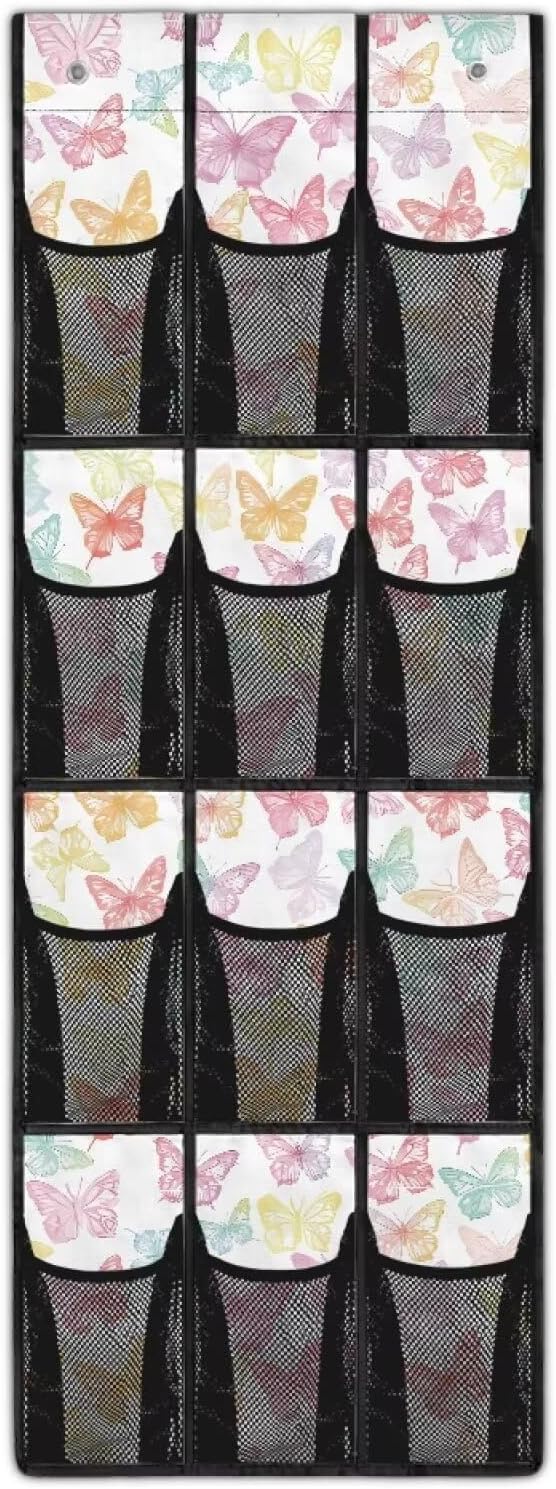12-Pocket Waterproof Oxford Cloth Storage Hanging Bag Behind The Door, Foldable Large Capacity Organizer for Bathroom Closet Bedroom and Pantry Door, Butterfly