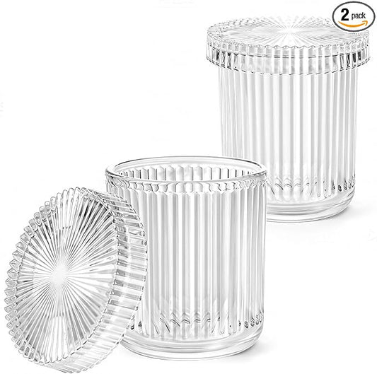 SheeChung Glass Qtip Holder Dispenser Set, 2-Pack Glass Apothecary Jars - Vintage Bathroom Vanity Organizer for Cotton Swabs, Balls, Pads, Floss Picks - Bathroom Accessories Decor