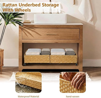 Under Bed Storage Containers with Wheels, 31.5” Large Handwoven Rattan Rolling UnderBed Storage Bins, Tool-free Assembly Natural Under The Bed Organizer Drawers for Bedroom, Sheets Clothes Blankets