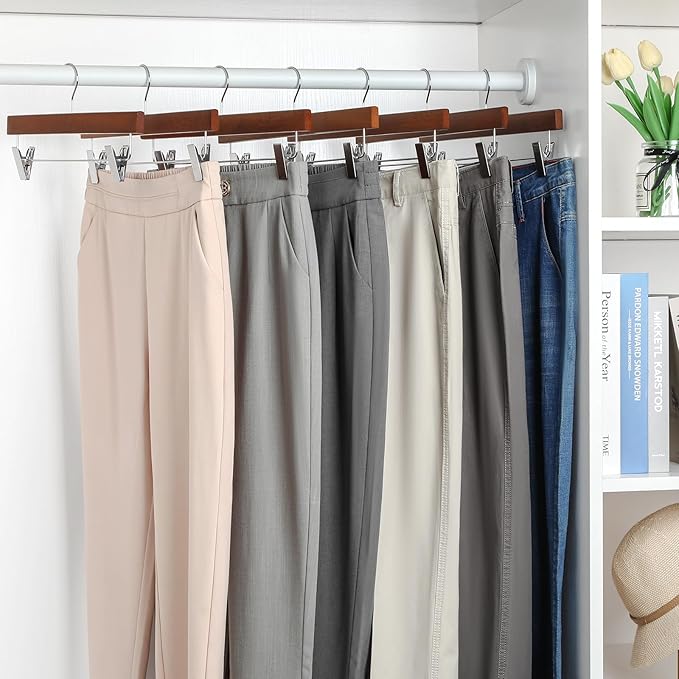 TOPIA HANGER Walnut Wood Pants Hangers, Wooden Skirt Short Jeans Trouser Hanger with Smooth Surface 360° Swivel Hook Anti Rust 2 Adjustable Clips, 20 Pack, CT10PWA20