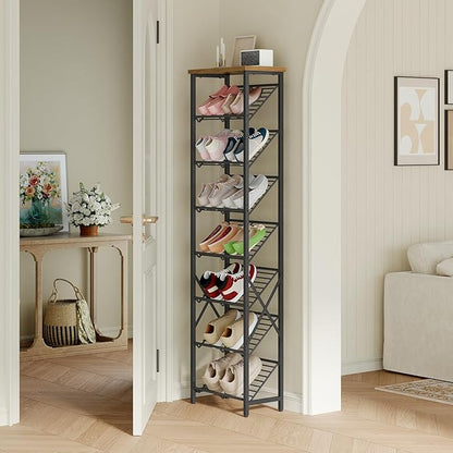 YATINEY 8-Tier Tall Shoes Rack, Slim Shoe Organizer for Entryway, Large-Capacity Thin Shoe Rack for Closet, Narrow Shoe Storage Shelf with Wooden Panel, Space Saving, Black and Rustic Brown SS18BR