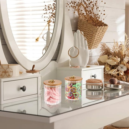 Irenare 2 Pack Glass Jars with Bamboo Lids Bathroom Canisters Apothecary Jars Set Cotton Ball Holder Bathroom Containers Cotton Dispenser Bathroom Storage Organization for Bathroom Farmhouse Favors