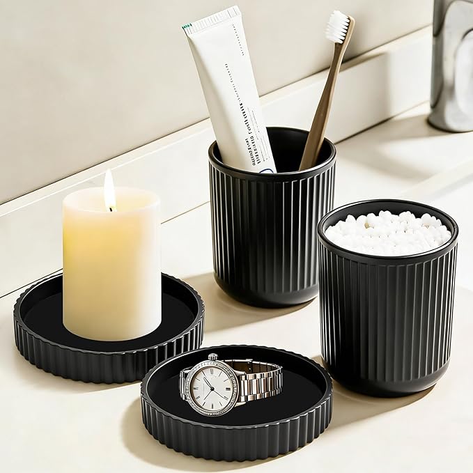 Glass Qtip Dispenser 2 Pack, Clear Bathroom Storage Organizer for Cotton Swabs, Balls, Pads & Floss Picks, Vanity Makeup Essential Accessories (Frosted black)