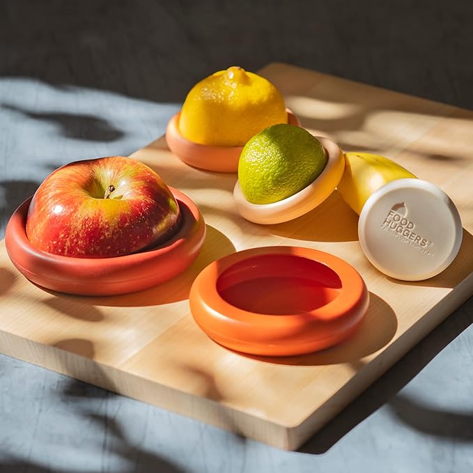 Food Huggers 5pc Reusable Silicone Food Savers | BPA Free | Plastic Free Food Storage | Dishwasher Safe | Fruit & Vegetable Produce Storage for Onion, Tomato, Lemon, Banana & Cans | Round, Terracotta