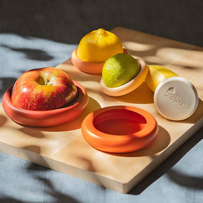 Food Huggers 5pc Reusable Silicone Food Savers | BPA Free | Plastic Free Food Storage | Dishwasher Safe | Fruit & Vegetable Produce Storage for Onion, Tomato, Lemon, Banana & Cans | Round, Terracotta