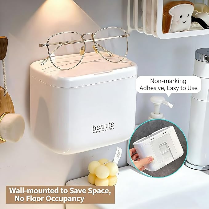Pop-Up Q-Tip Holder Cotton Pad Dispenser, Wall Mounted or Countertop Bathroom Organizer Box, Automatic Lifting Storage, cotton swab container，Dustproof 4-Grid Vanity Container for Qtip, Floss(White)