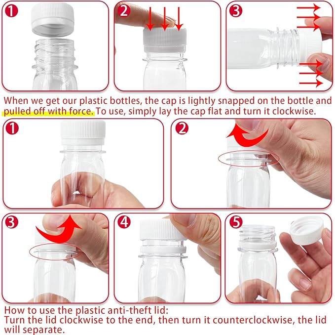 30 Pcs 2oz Small Plastic Shot Bottles with White Caps,Round Juice Bottles with 10 Funnels,Reusable Clear Beverage Containers for Drink Milk Beer Coffee Liquid