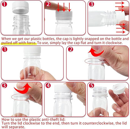 30 Pcs 2oz Small Plastic Shot Bottles with White Caps,Round Juice Bottles with 10 Funnels,Reusable Clear Beverage Containers for Drink Milk Beer Coffee Liquid
