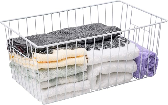 16" Upright Freezer Organizer Baskets, Wire Storage Bakset Bins for Freezer, Pantry, Kitchen, Bathroom Organizing, White, Set of 3