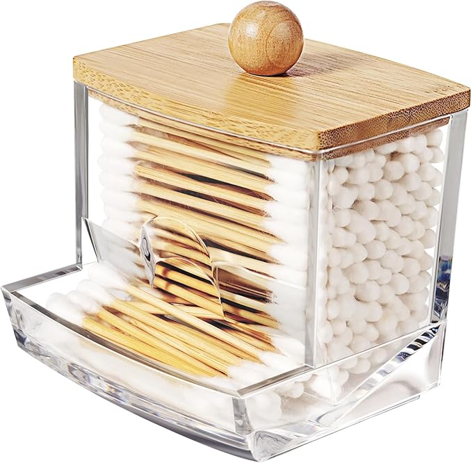 SheeChung 10Oz Acrylic Qtip Holder Dispenser for Cotton Swab, Clear Plastic Containers Apothecary Jars with Bamboo Lid, Bathroom Accessories, Vanity Organizers and Storage, Home Essentials-Brown