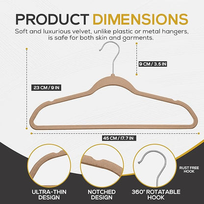Techzoo 50 Pack New Premium Quality Velvet Hangers Ultra Thin Non Slip Adult Felt Space Saving Hangers for Closet Heavy Duty Coat Pants Dress Hangers 360° Swivel Hook Hold Upto 10 lbs Warm Taupe