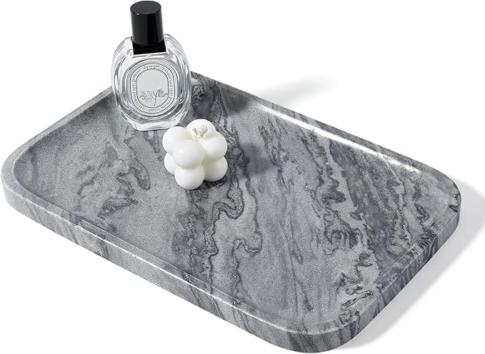 Koville Marble Tray, 12"x8" Natural Marble Vanity Tray for Countertop Bathroom Kitchen Dresser, Decorative Marble Catchall Trays for Perfume Jewelry(Grey)