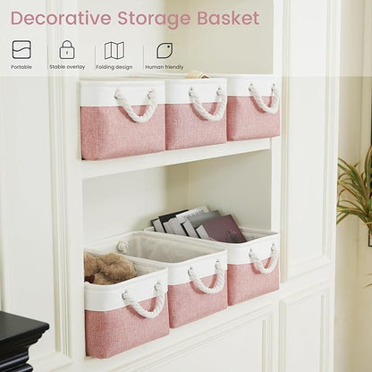 Storage Baskets for Shelves 13.8x9.8x6.7 Inch, Foldable Fabric Storage Bins with Handles, Small Storage Baskets for Organizing Closet, Office, Home Organization (1-Pack, White&Pink)