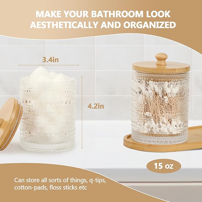 eggs sound 3 Pack Qtip Holder - Bathroom Organizers and Storage, Cotton Round Pad Holder Floss Pick Cotton Ball Holder with Tray, Glass Apothecary Jars with Lids, -clear y D