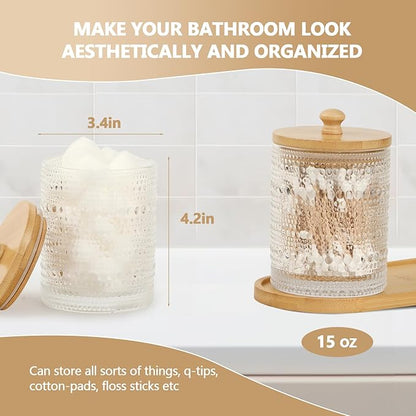 eggs sound 3 Pack Qtip Holder - Bathroom Organizers and Storage, Cotton Round Pad Holder Floss Pick Cotton Ball Holder with Tray, Glass Apothecary Jars with Lids, -clear y D