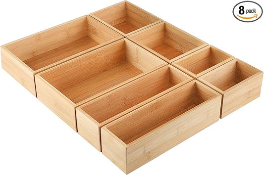 Kootek 8 Pcs Bamboo Drawer Organizer Utensil Tray Kitchen Storage Box 4-Size Versatile Dividers Cutlery Holders Bins Containers for Flatware Kitchen Utensils
