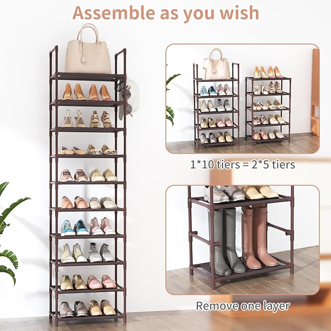 LANTEFUL 10 Tiers Tall Shoe Rack 20-25 Pairs Boots Organizer Storage Sturdy Narrow Shoe Shelf for Entryway, Closets with Hooks, Brown