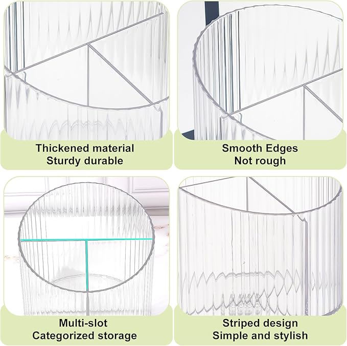 DASITON 3 Slots Makeup Brush Holder, Acrylic Makeup Brush Cup, Vintage Striped Make Up Brush Holder for Vanity Decor, Bathroom Countertops, Desk Storage Container, Cosmetic Display Cases (Clear)