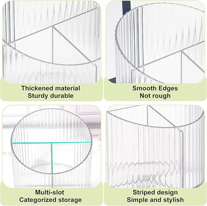 DASITON 3 Slots Makeup Brush Holder, Acrylic Makeup Brush Cup, Vintage Striped Make Up Brush Holder for Vanity Decor, Bathroom Countertops, Desk Storage Container, Cosmetic Display Cases (Clear)