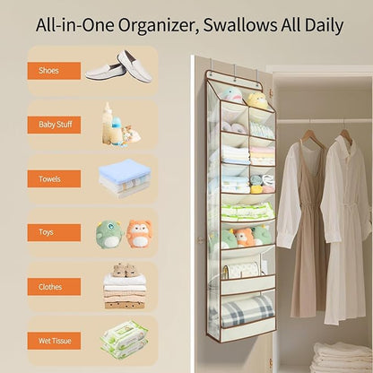 Yecaye Over the Door Shoe Organizer Hanging with Large Pockets, 8 Tier Back of Door Storage for Nursery, Closet and Bathroom, Partition Behind Door Organizers Shelf with Baby Clothes(1 Pack, Beige)