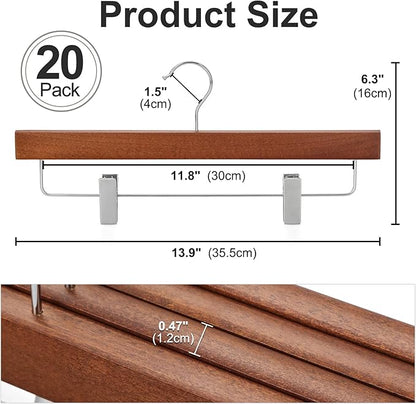 TOPIA HANGER Walnut Wood Pants Hangers, Wooden Skirt Short Jeans Trouser Hanger with Smooth Surface 360° Swivel Hook Anti Rust 2 Adjustable Clips, 20 Pack, CT10PWA20