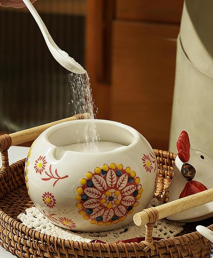 Ceramic Salt Cellar with Lid and Spoon 13oz Large Chicken Rooster Cookie Jar Salt Containers Holder for Counter, Coffee, Sugar, Spices and Candies Holder Ideal for Easter Day Home Kitchen Decor (Red)