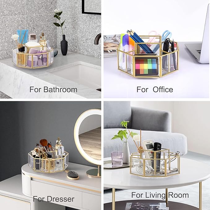 Hipiwe 360 Degree Rotating Glass Makeup Organizer- 5 Slots Gold Metal Cosmetic Storage Display Holder Octagon Dresser Bathroom Spinning Vanity Organizer For Makeup Brushes, Lipsticks, Perfume