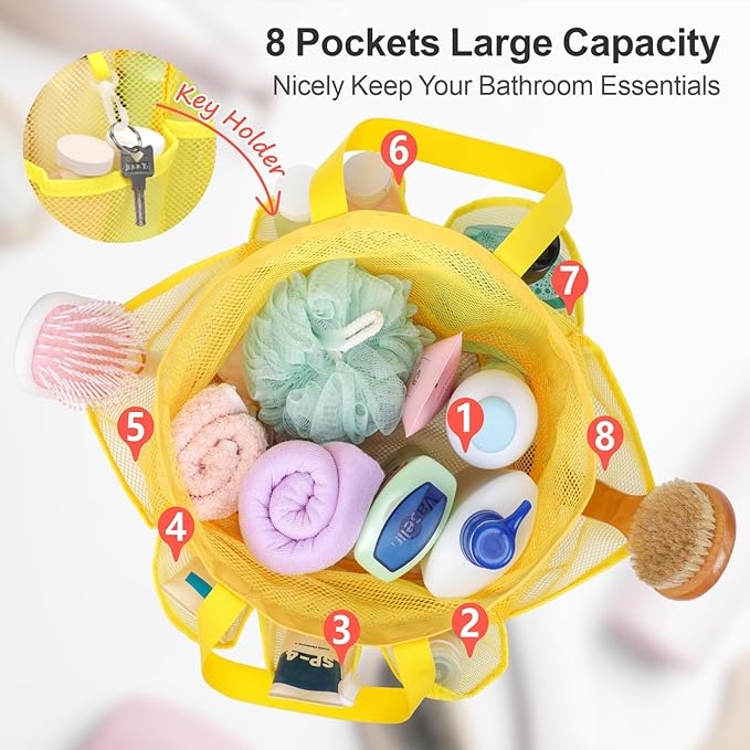 F-color Mesh Shower Caddy Portable with Drawstring - Large 8 Pockets Dorm Room Essentials for Guys Girls with S Hook, Shower Bag Basket Tote for College Camping Gym Travel Toiletry Bathroom, Yellow