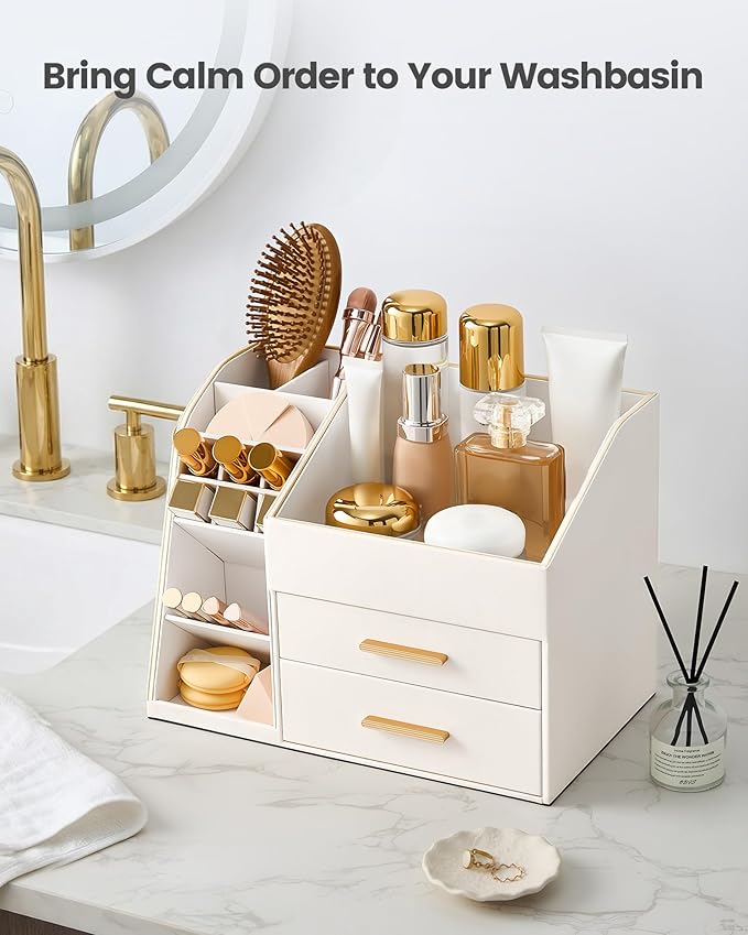 Lolalet Makeup Organizer Countertop with Drawers, Easy to Clean PU Leather Storage Box, 3-Layer Cosmetic Holder for Skincare, Lipstick, Perfume & Brush, Display Case for Vanity Dresser Bathroom -Cream