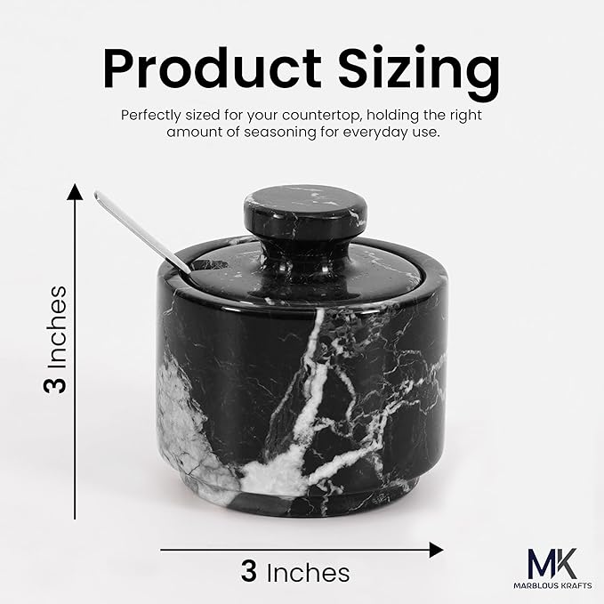 MARBLOUS KRAFTS Marble Salt Cellar with Lid and Spoon 3" Black Zebra Flaky Salt, Seasoning Containers, Ideal small Spices, Sugar Jars, kitchen accessories, Gift for Mom