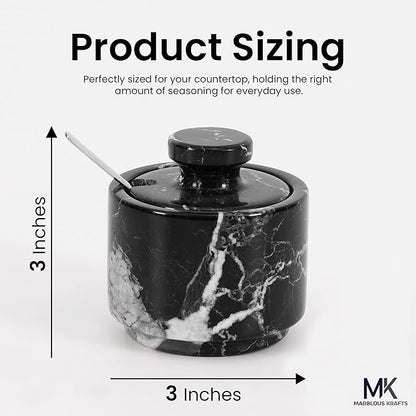 MARBLOUS KRAFTS Marble Salt Cellar with Lid and Spoon 3" Black Zebra Flaky Salt, Seasoning Containers, Ideal small Spices, Sugar Jars, kitchen accessories, Gift for Mom