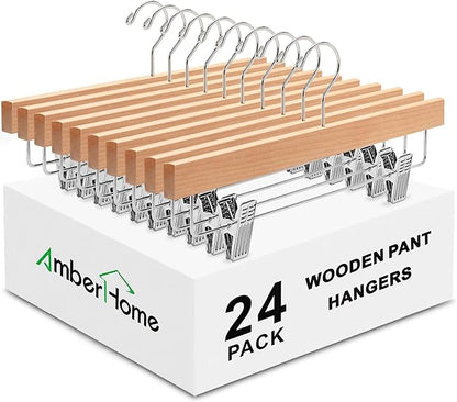Amber Home 24 Pack Wooden Pants Hangers with Clips, 14" Natural Wood Skirt & Trouser Hangers, Closet Hangers for Jeans, Slacks, Shorts, with 2-Adjustable Clips (Natural, 24)