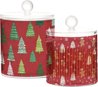 2 Pack Qtip Dispenser Apothecary Jars with Lids Cotton Round Holder Bathroom Canisters for Cotton Swab Floss Ball Pads Clear Plastic Decorative Red Christmas Trees Gingerbread